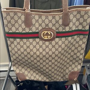 Gucci Beige and Brown Tote with Green and Red Stripe